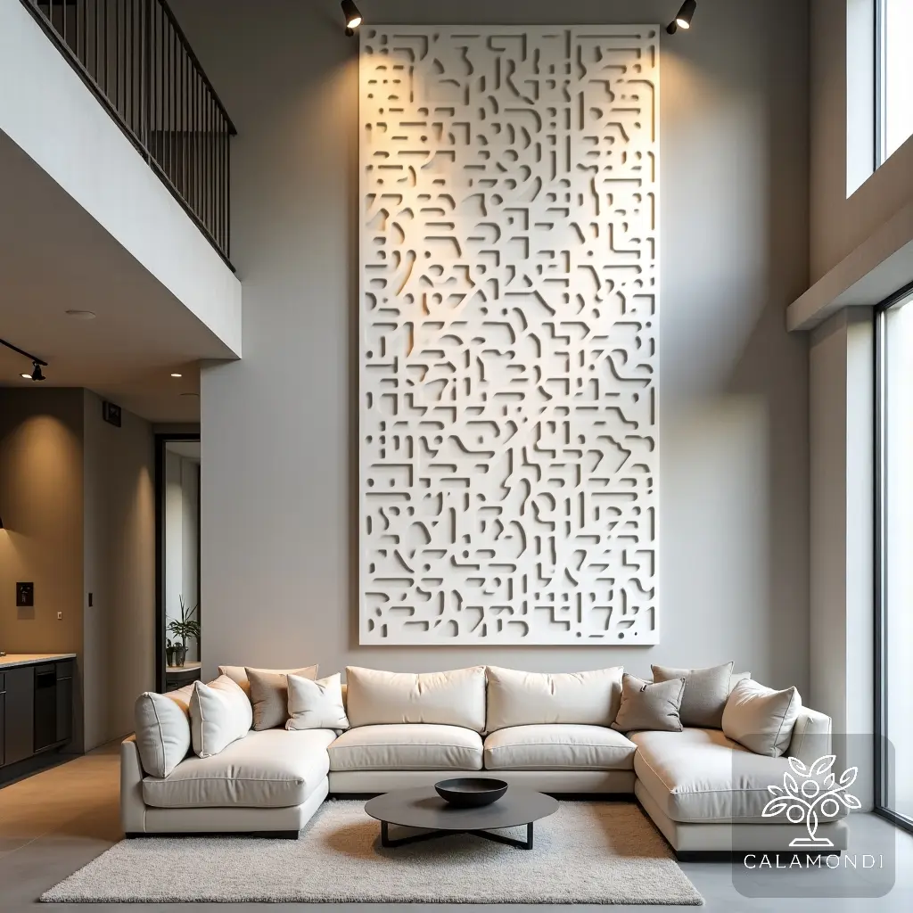 Biały panel dekoracyjny Arctic Lace z metalu w nowoczesnym salonie – Calamondi